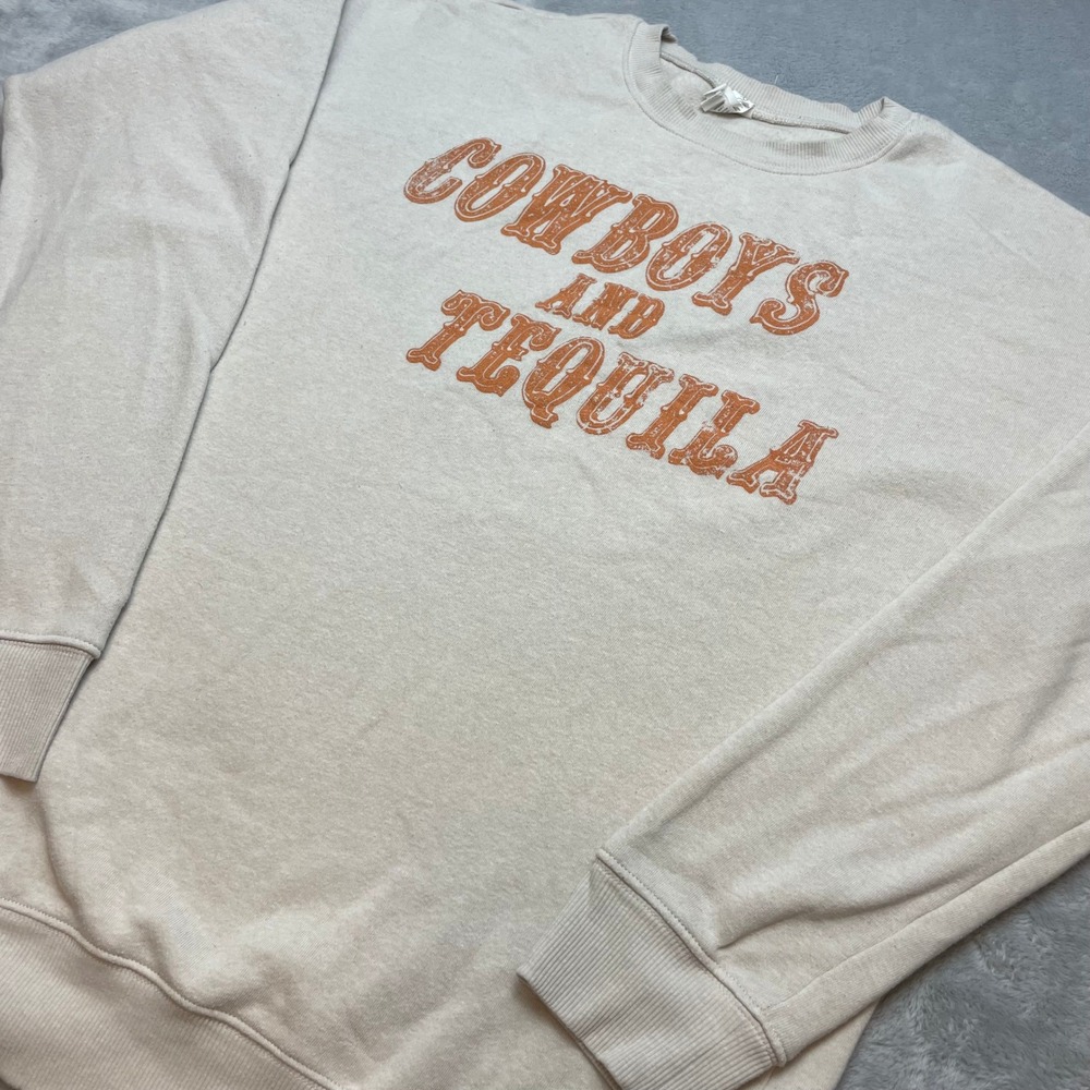 Cowboys and Tequila Western Womens Graphic Sweatshirt Size L Beige Pro Trend
